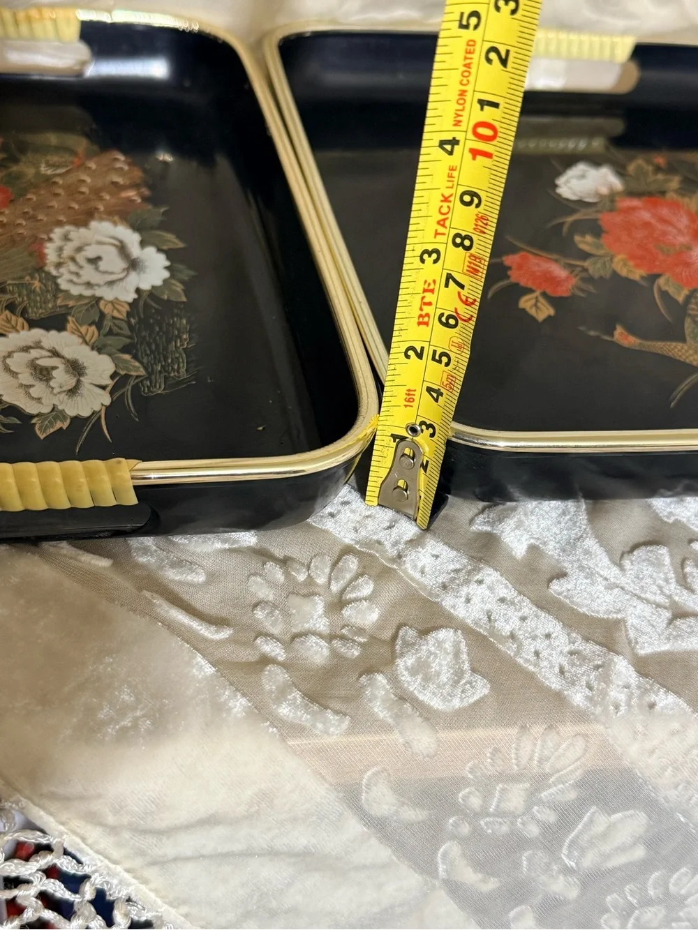 Vintage Peacock Peony Serving Tray Set Black Lacquer Style Gold Trim Asian MCM